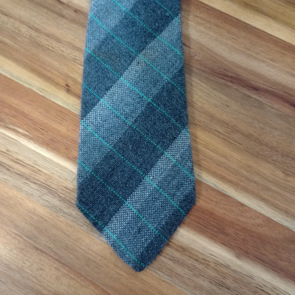Vintage Brookstown Tie Necktie Gray Striped Plaid USA Made Skinny Wool-Look-Feel